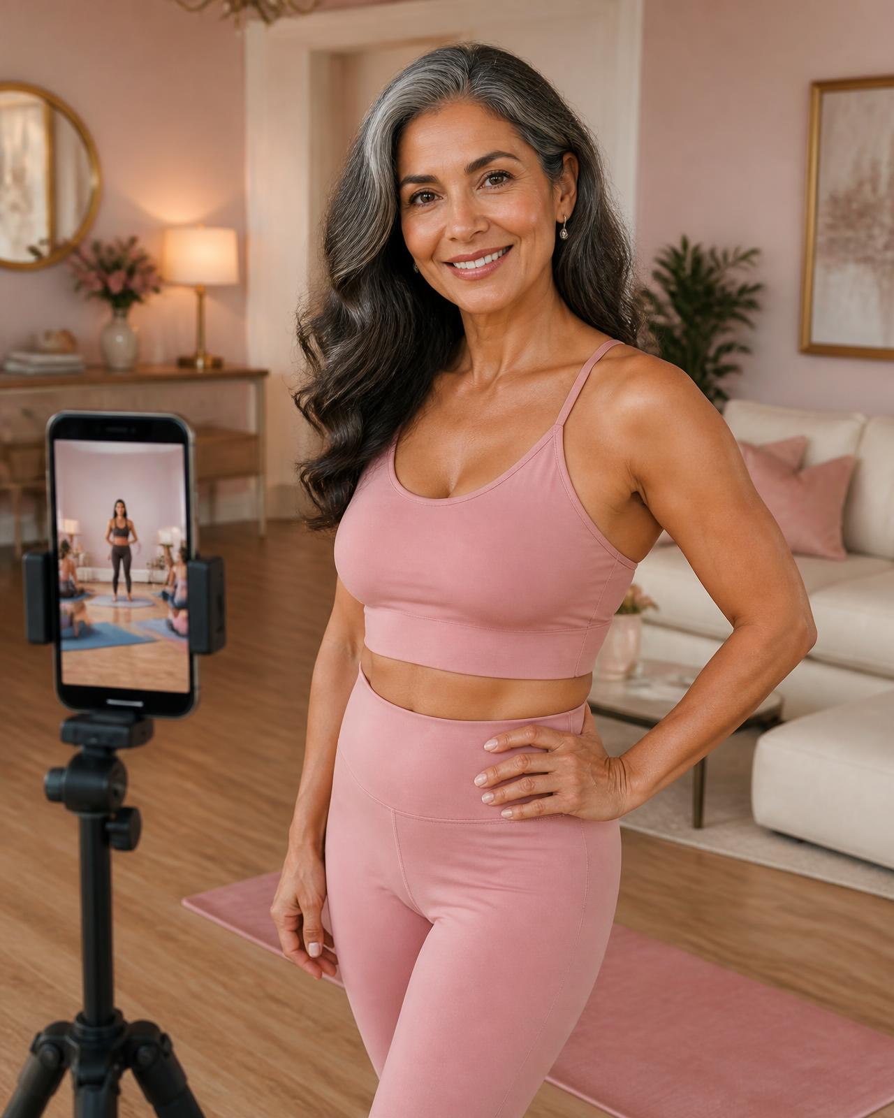 Mujer latina de 50+ sonriendo en su sala, siguiendo una clase de Pilates desde su celular