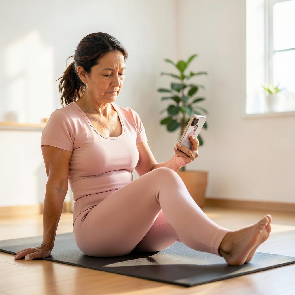 Mujer haciendo un movimiento de Pilates mientras mira la demostración en el celular