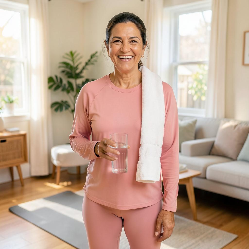 Mujer sonriendo después de terminar su rutina de Pilates en casa
